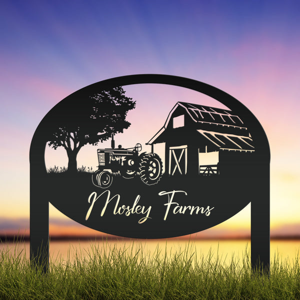 Metal Farm Sign Customizable with Rustic Tractor and Barn with Yard Stakes, Outdoor Personalized Family Name Lawn Decoration, Address Marker