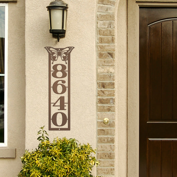 Metal Address Sign, Vertical House Numbers Plaque with Detailed Butterfly, Mailbox Post Home Marker, Business Wall Decor, Front Porch HOA